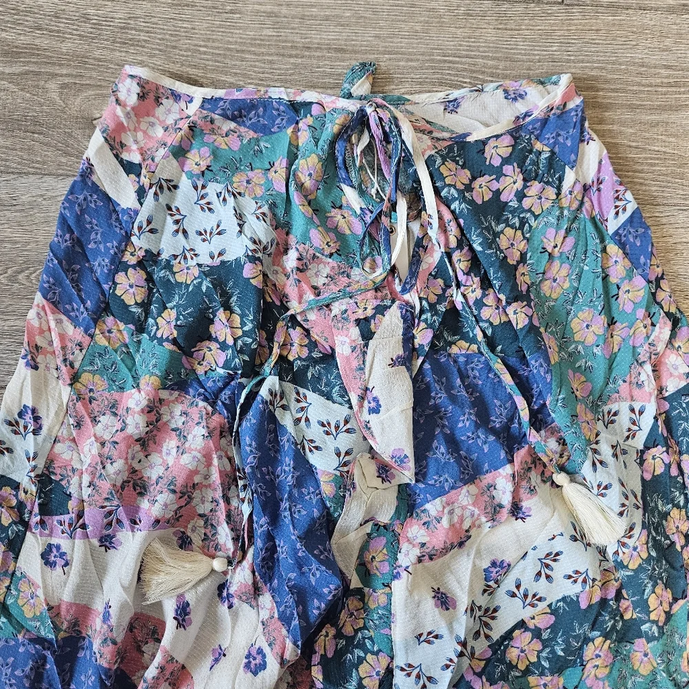 Olivaceous Multicolored Floral Patchwork Asymmetric Boho Midi Skirt